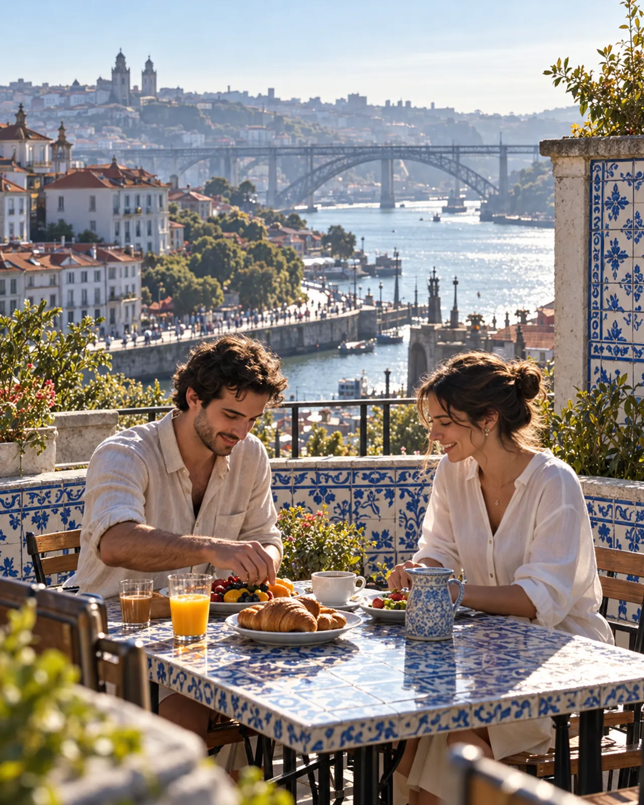 Two friends laying breakfast on a blue-tiled rooftop terrace in Porto, the river and the old town in morning haze behind them