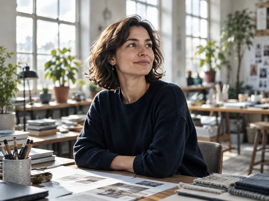 A woman with dark wavy hair smiling in a sunlit design studio
