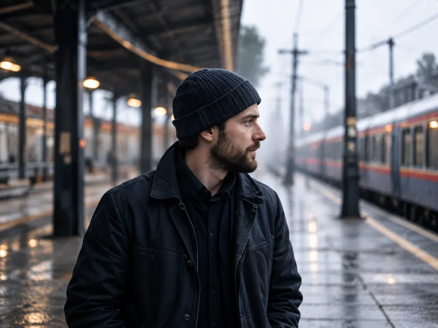 A bearded man in a dark beanie on a misty railway platform, a train beside him