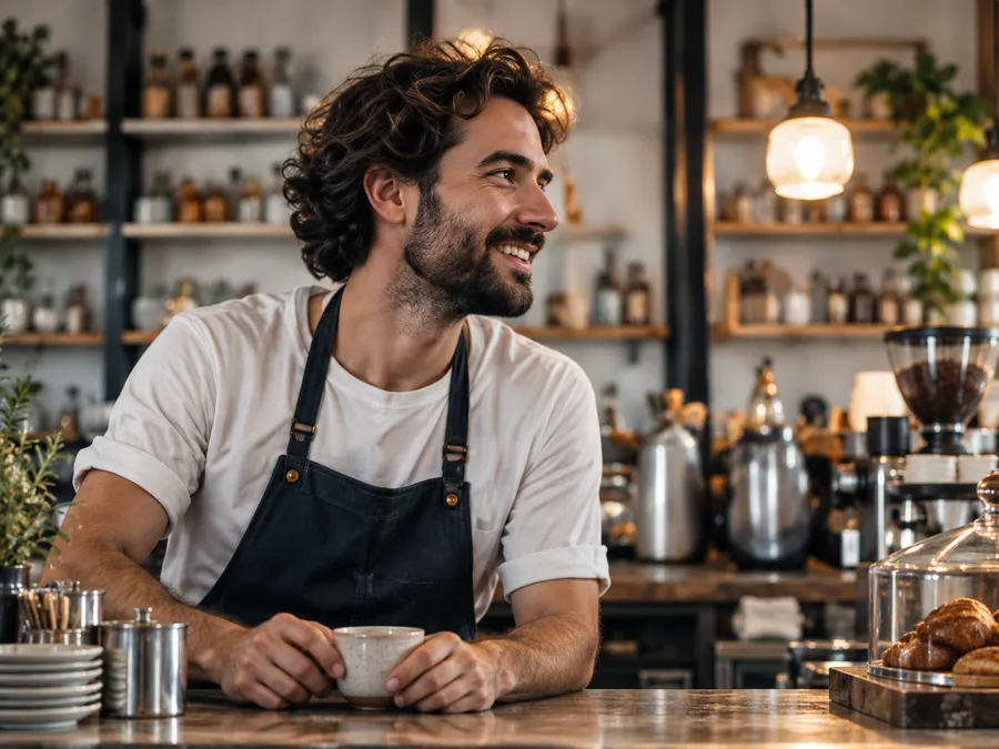 A bearded café owner in an apron smiling behind his counter