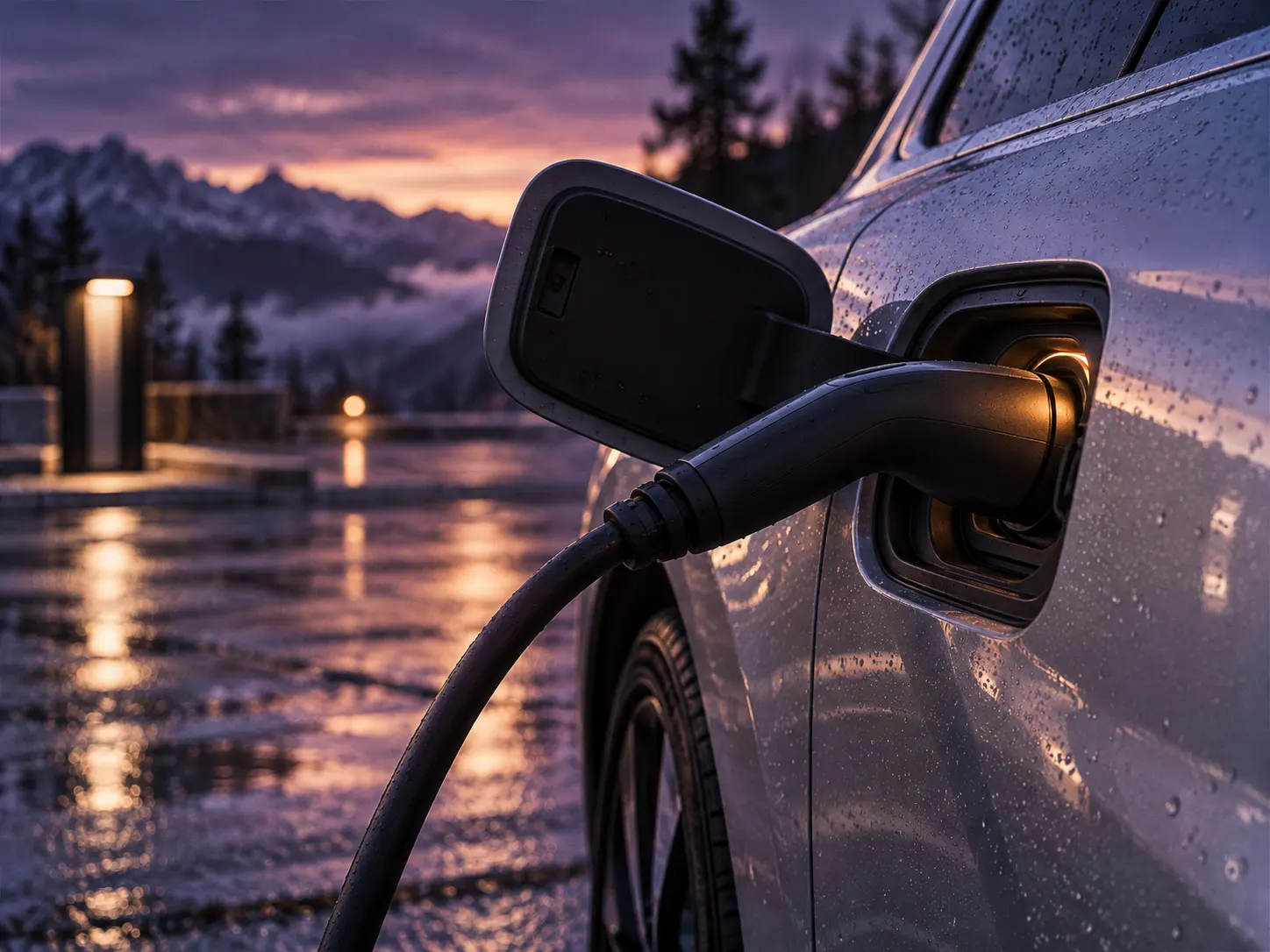 A charging cable plugged into the side of a silver electric car at a quiet station at dusk