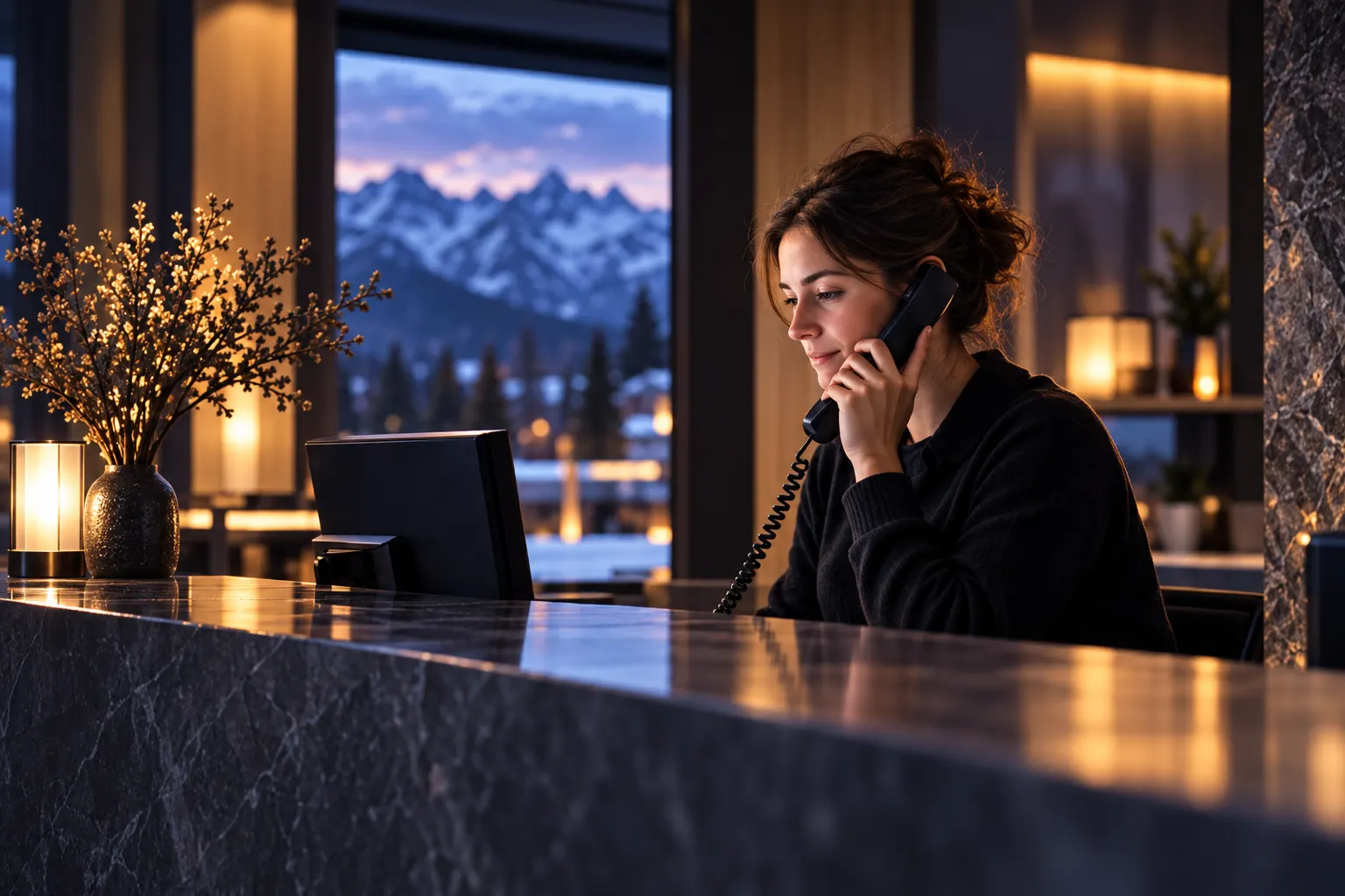 A woman in a black sweater on a desk phone at a dark stone counter in a calm rental station at dusk, mountains in the window behind