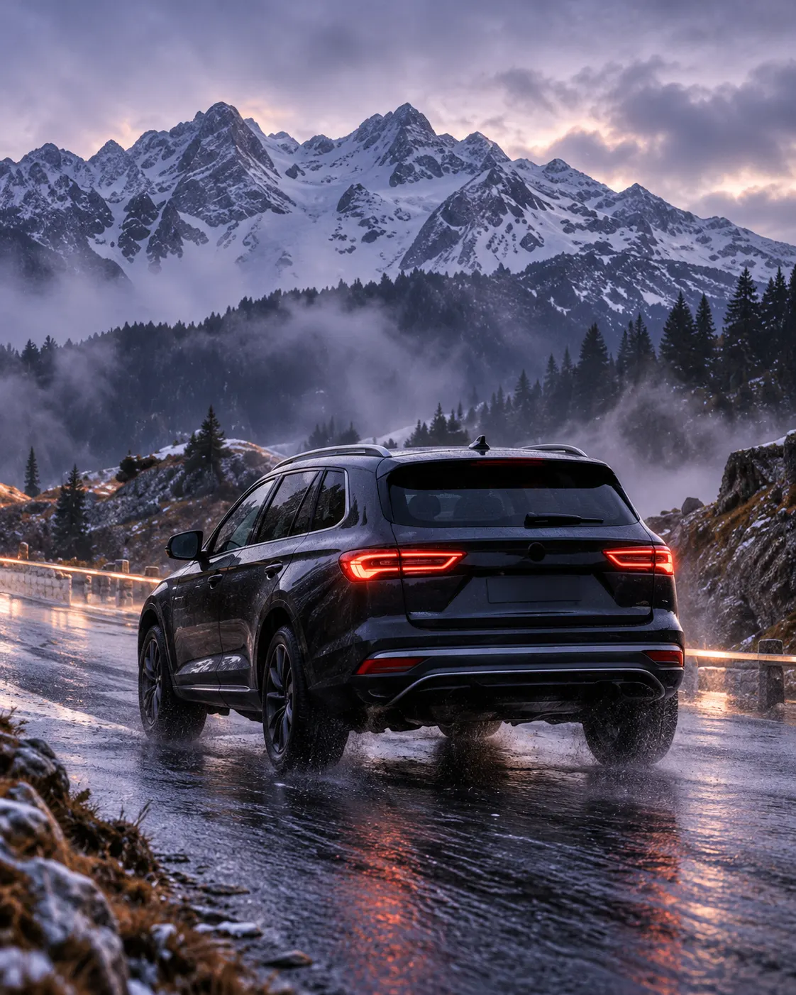 A dark SUV seen from behind on a high Alpine pass road in fine rain and mist