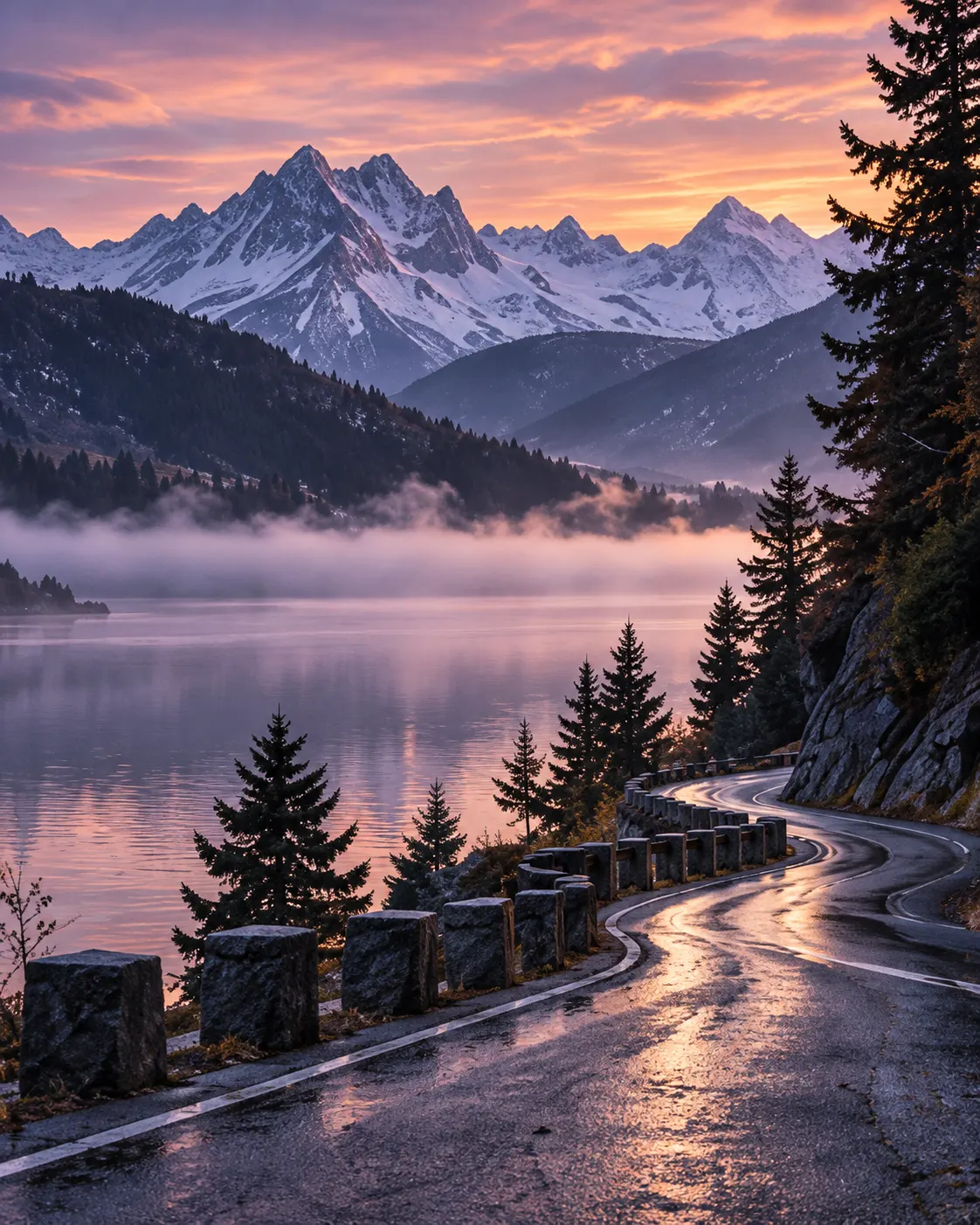 An empty lakeside road curving along a misty lake at dawn, pines and violet peaks beyond