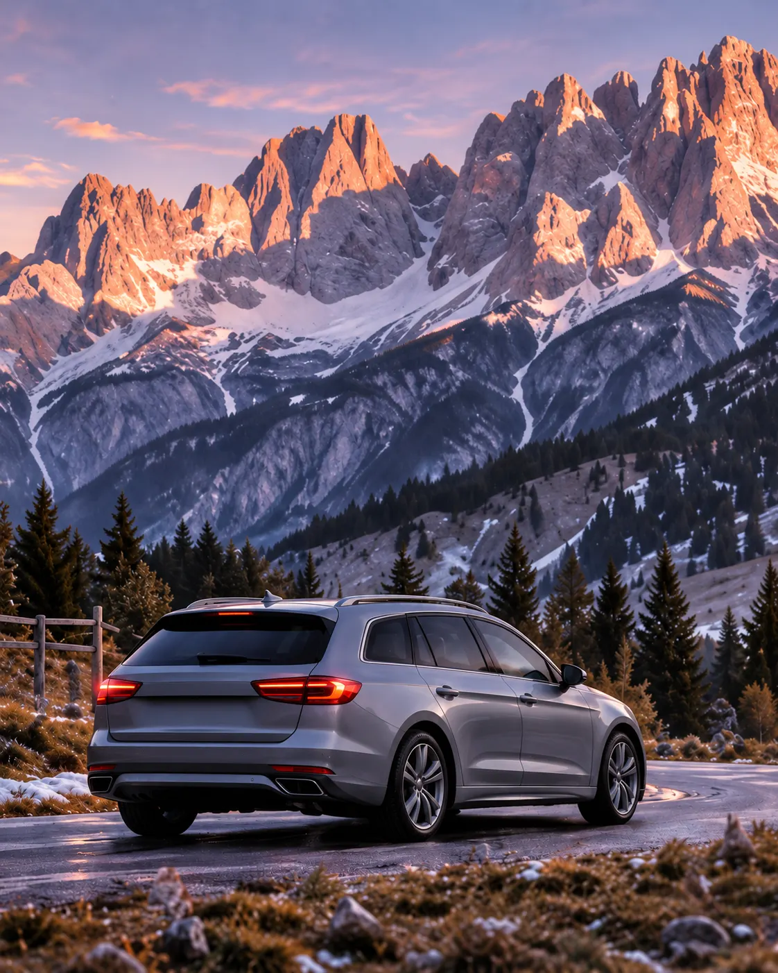 A grey estate car on a road below pale rock towers lit by dawn