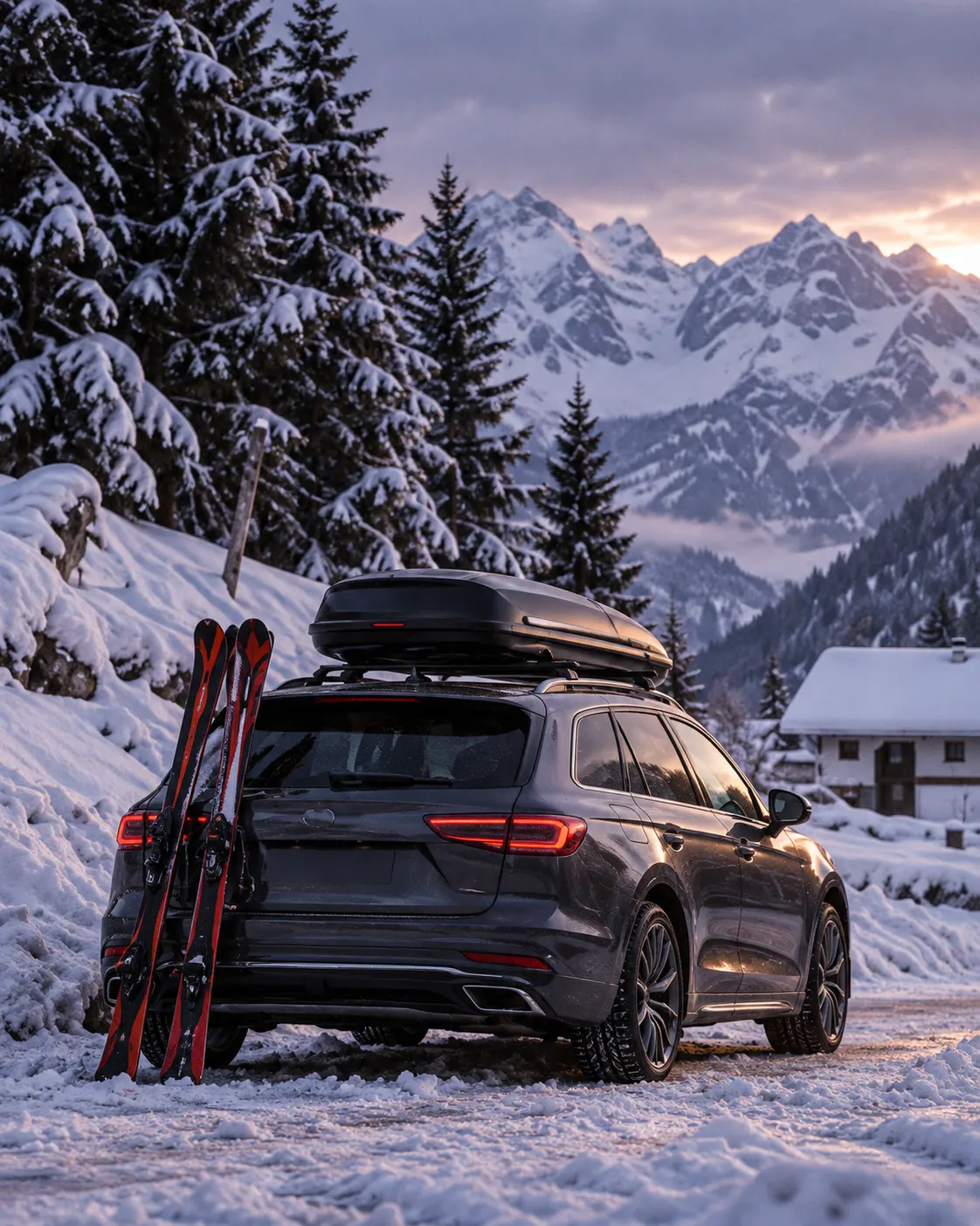 A dark estate with a roof box parked in a snowy lay-by, red skis leaning on it