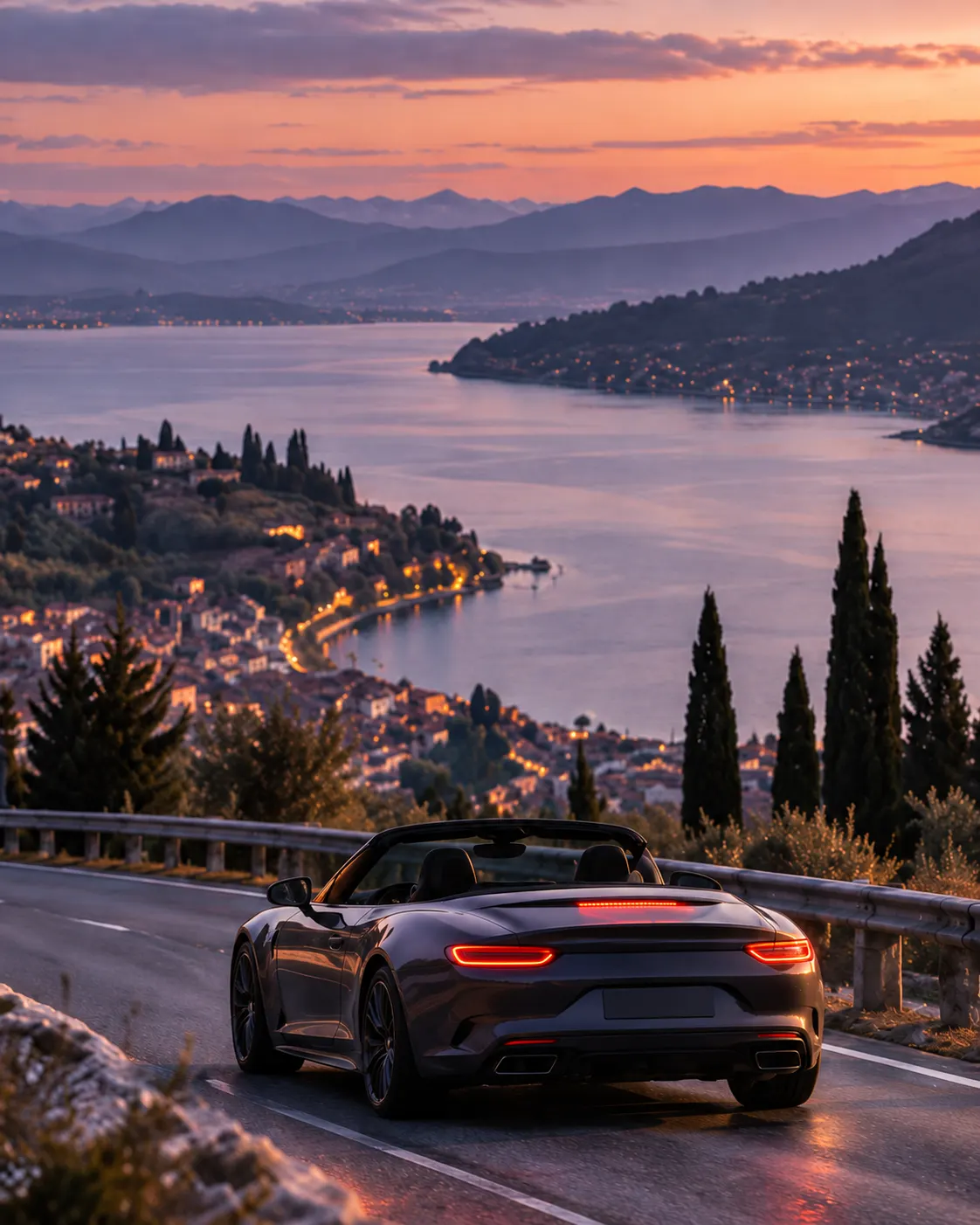 A dark convertible descending a lakeside road towards a long lake with cypress trees at dusk