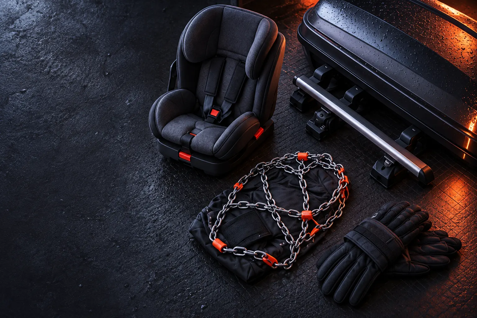 Overhead still life on a dark rubber floor: a black child car seat, snow chains with orange tensioners, roof-bar clamps and gloves