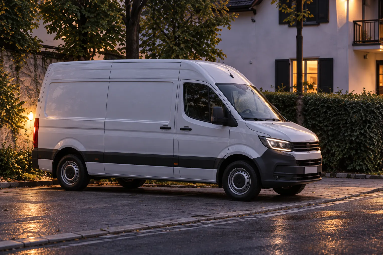 A white panel van parked at a quiet residential kerb at dusk, lit windows behind