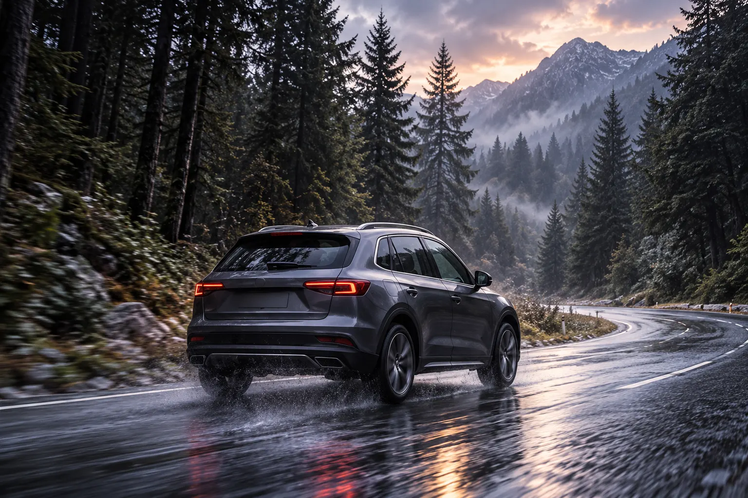 A graphite compact SUV seen from behind on a rain-dark forest road between pines