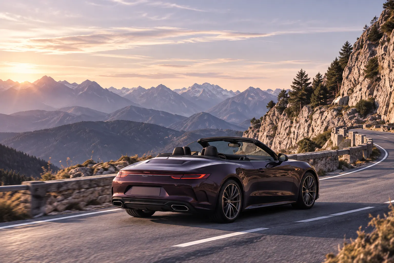 A dark plum convertible with the roof down on a pale mountain switchback under a rock wall
