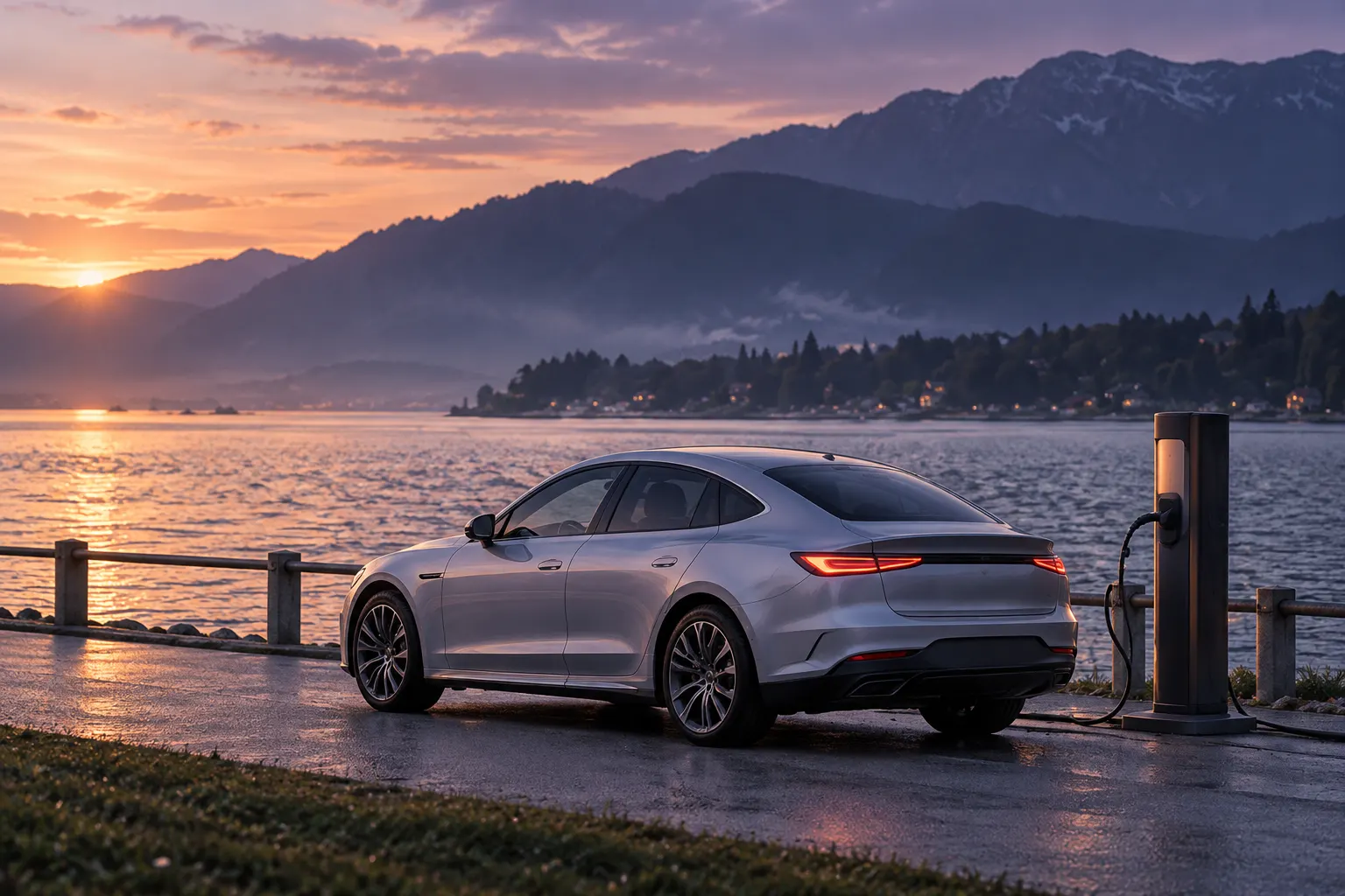 A silver electric saloon parked by a plain charging post at a misty lakeside at dusk