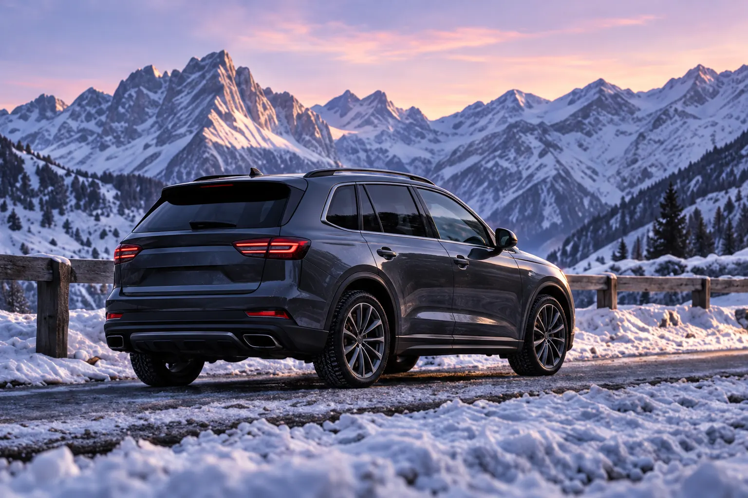 A dark graphite executive SUV beside a snowy mountain-pass guard rail under violet dusk peaks