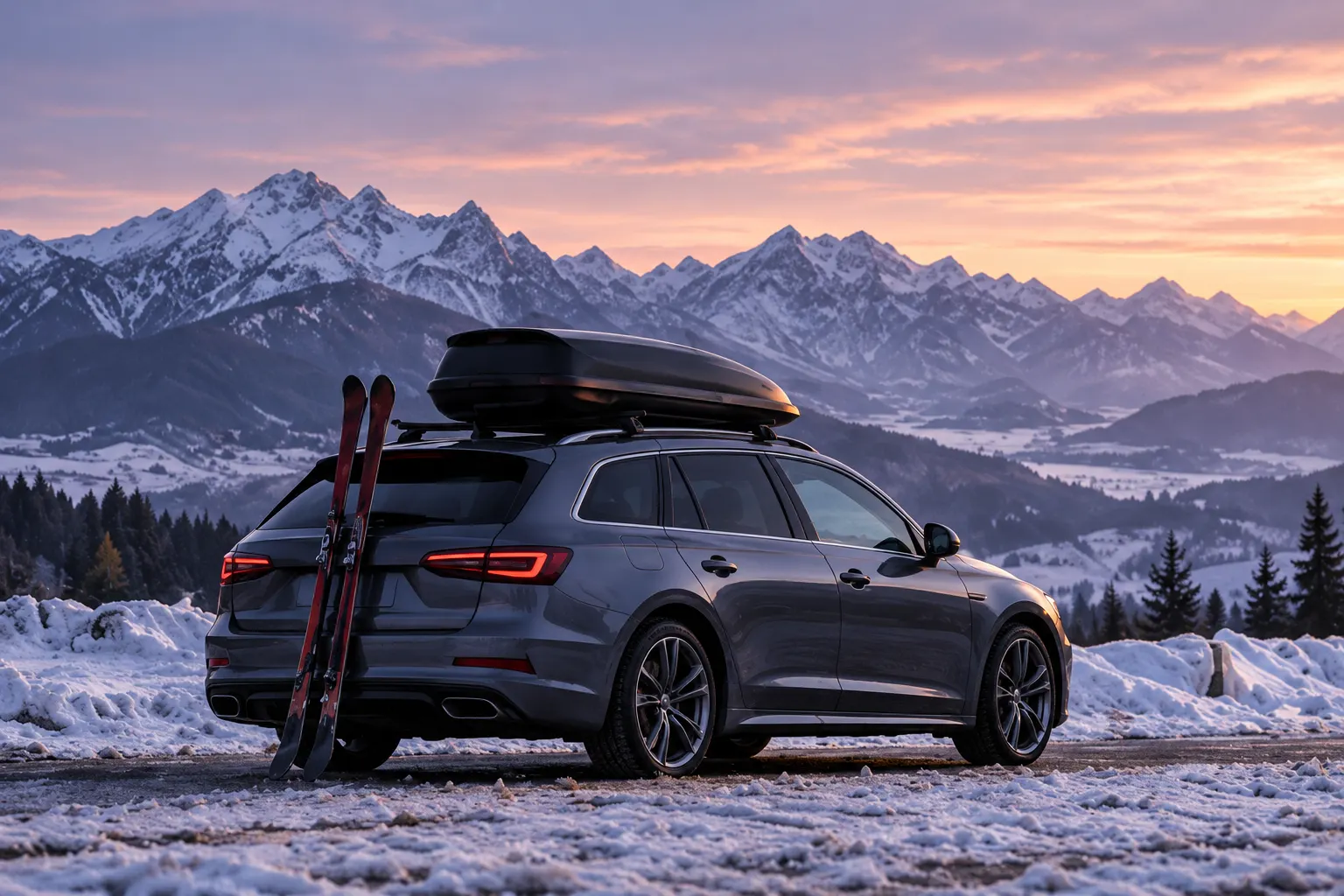 A dark family estate with a black roof box, skis leaning against it in the snow below the mountains