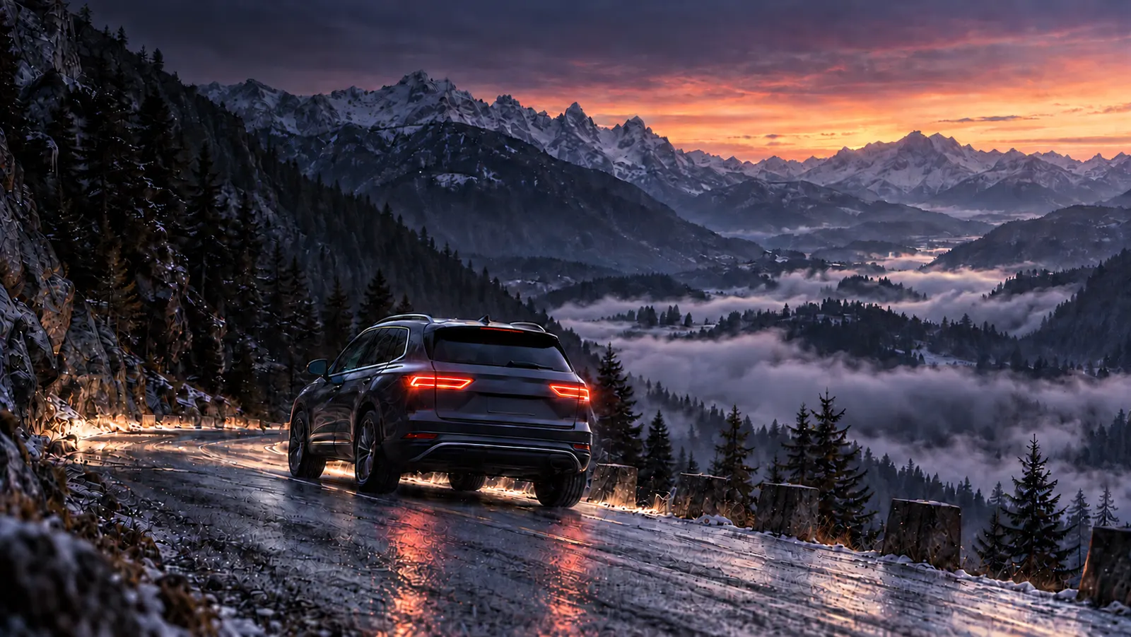 A graphite compact SUV seen from behind climbing a wet Alpine road before sunrise, tail lights glowing, violet peaks and valley mist behind