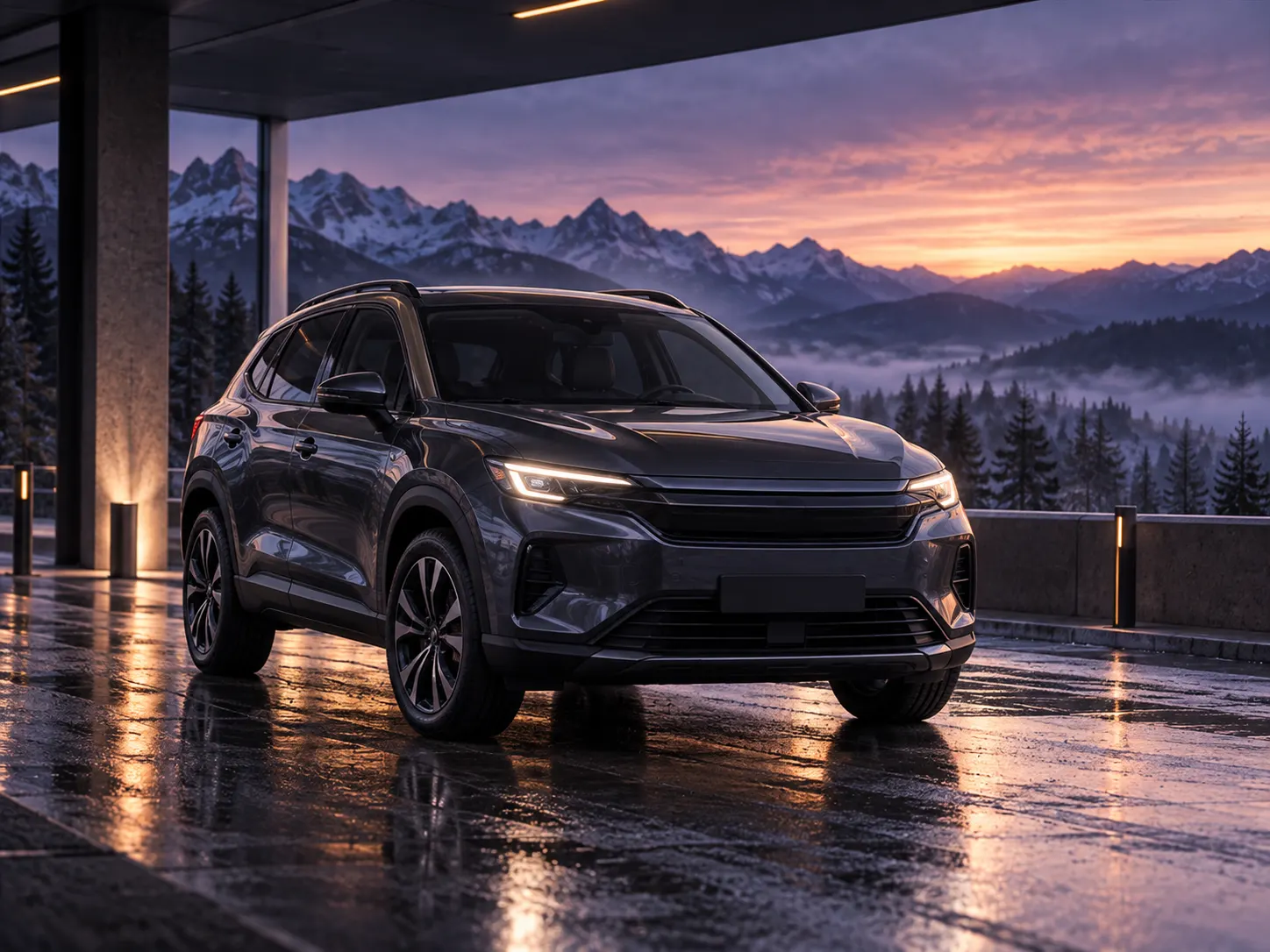 A graphite compact SUV parked ready for pick-up in a softly lit station bay at dawn, violet mountains in the window behind