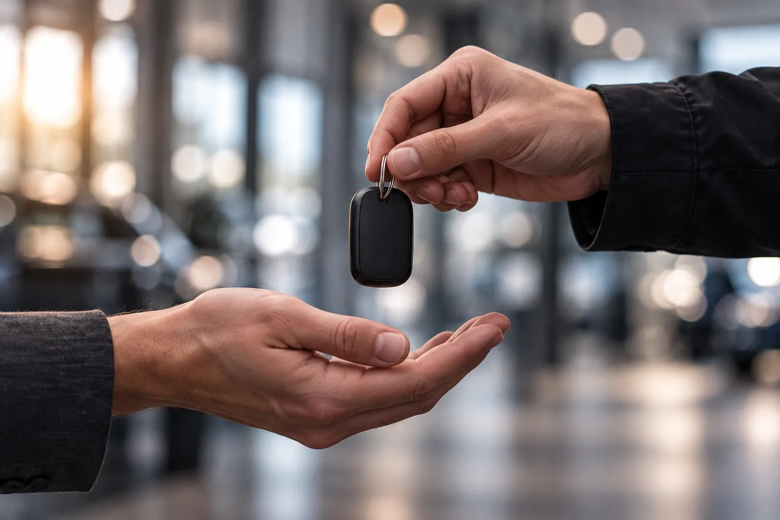 One hand passing a plain black car key into another open hand at a bright station