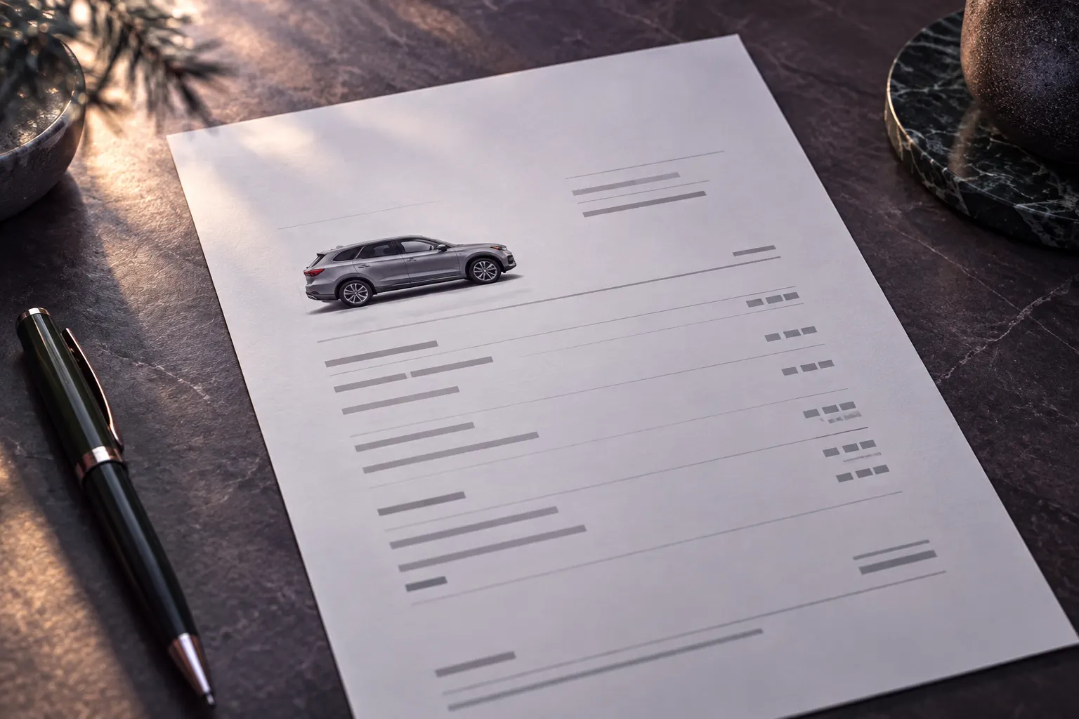 A printed quote with a small car picture and lines of figures on a dark table beside a pen