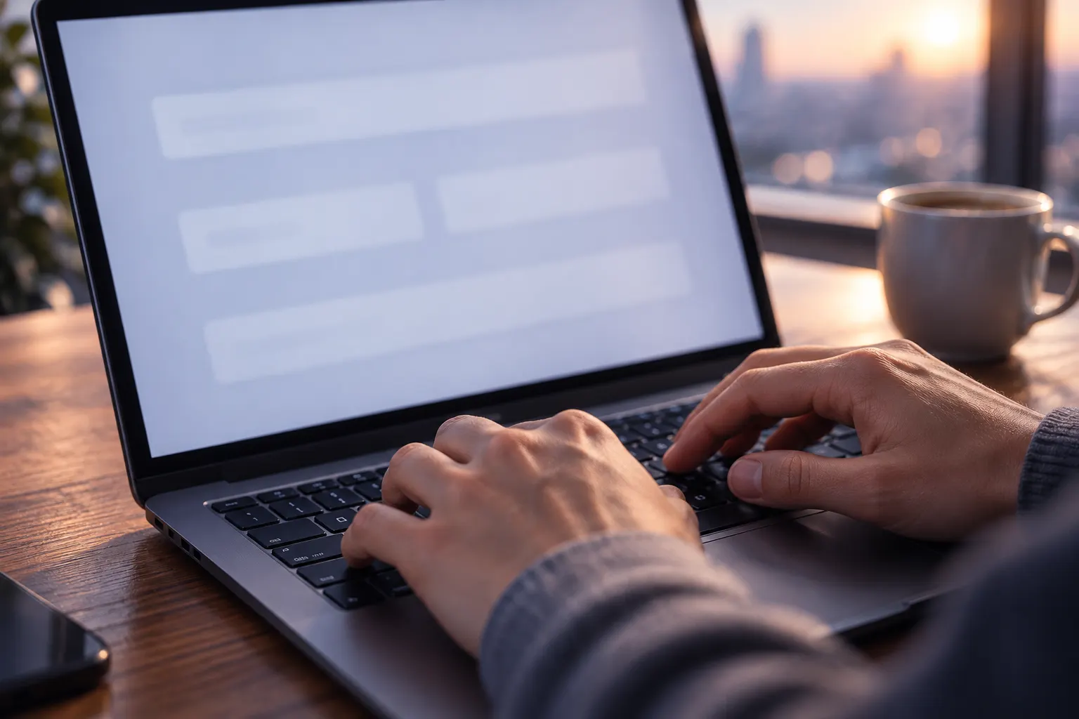 Hands typing a request on a laptop at a window table beside a coffee cup