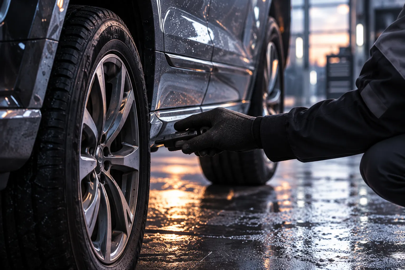A gloved hand checking a car's wheel and tyre in a clean station bay with a wet floor