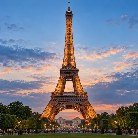 The Eiffel Tower lit at golden hour, trees at its foot