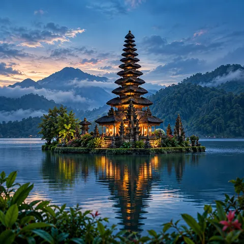 A tiered Balinese water temple on a misty lake, green mountains behind