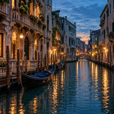 A Venice canal at dusk, lit palazzi and moored gondolas