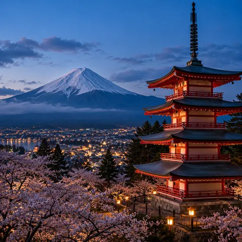 A red five-storey pagoda in front of snow-capped Mount Fuji, blossom below