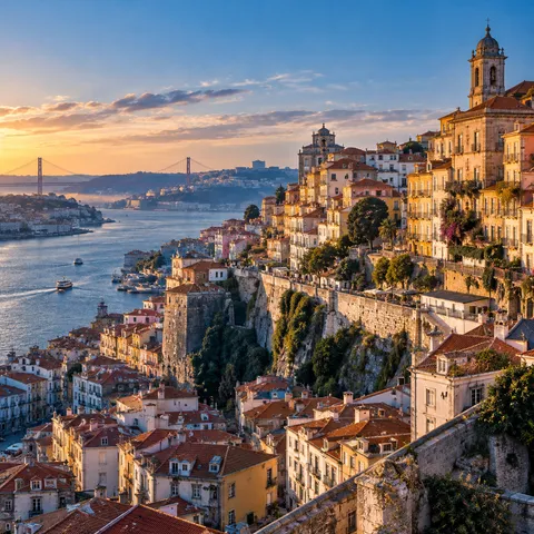 Pastel houses stacked on a hillside in Lisbon above the river in warm light