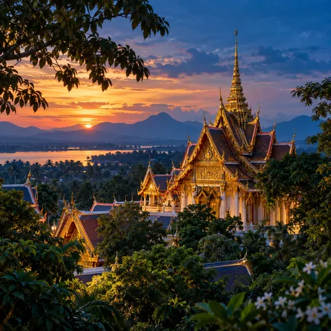A golden Thai temple roof among trees at sunset