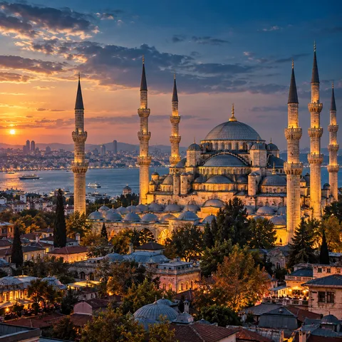 A great Ottoman mosque with domes and minarets in Istanbul at golden hour