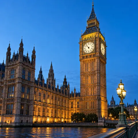 The clock tower of the Palace of Westminster in London under a clear blue sky