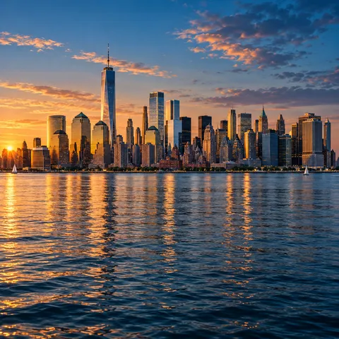 The Manhattan skyline across the water at golden hour