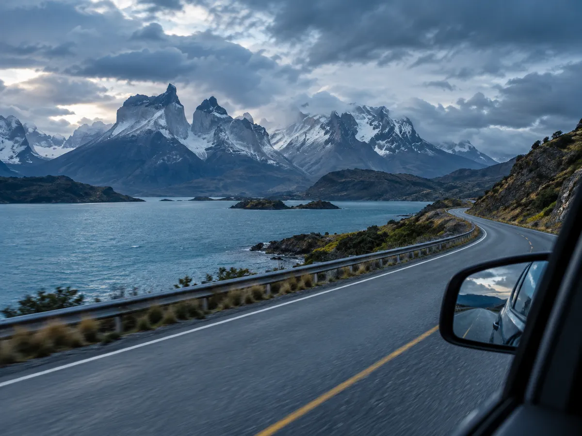 A road beside a cold Patagonian lake under jagged mountains, seen past a car's side mirror