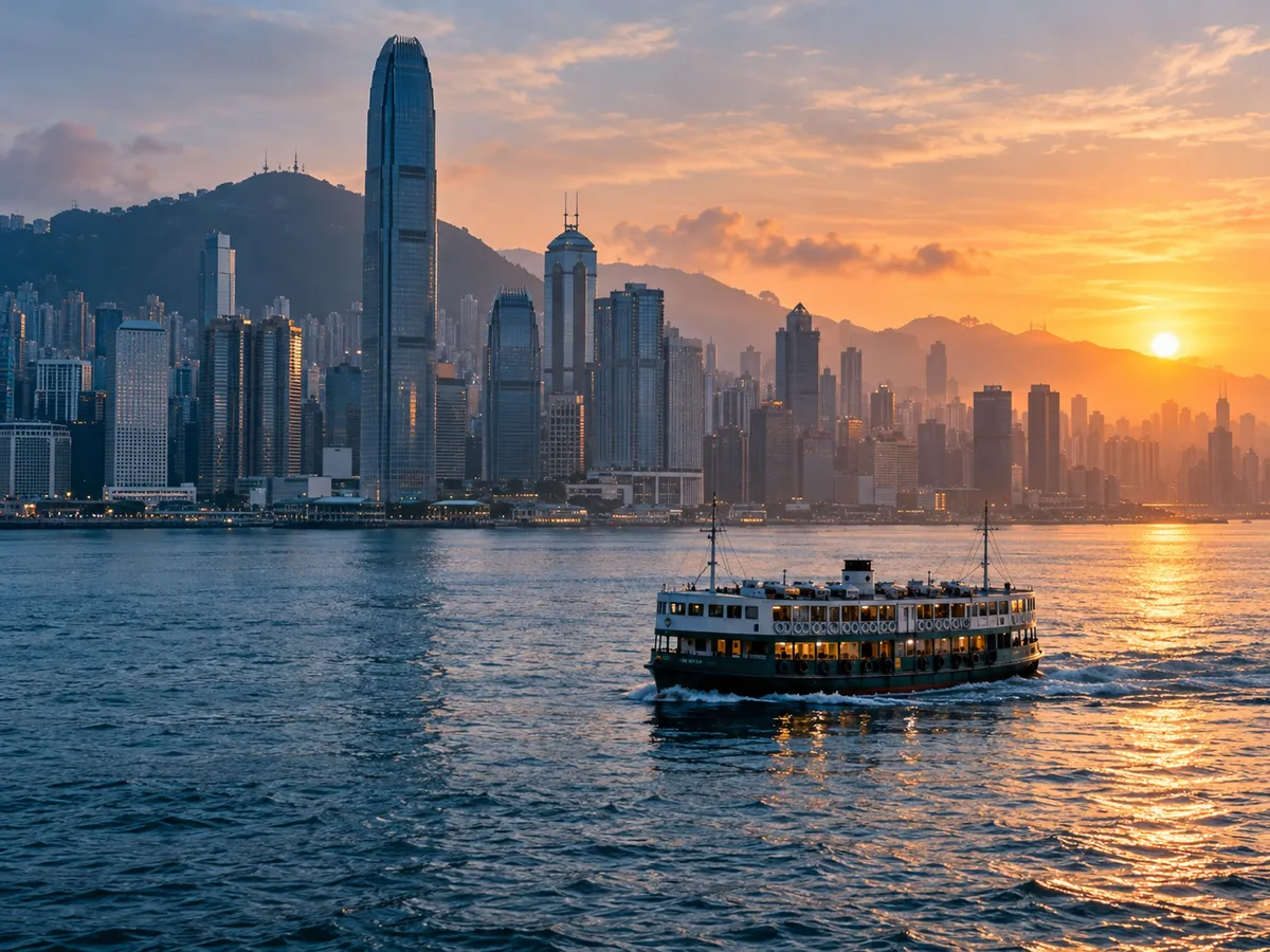 A dense harbour city at sunrise, towers against an orange sky and a ferry crossing the water