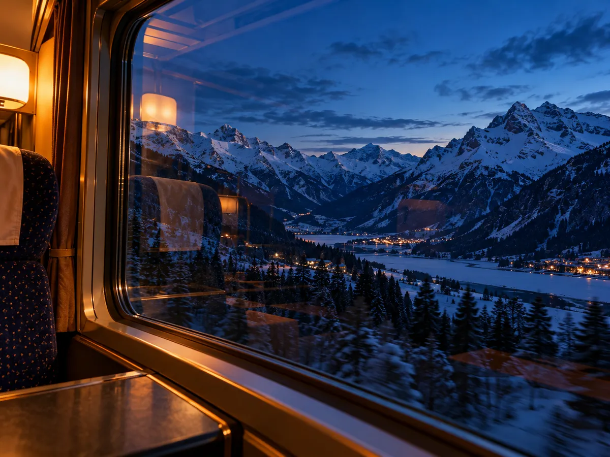Snowy Alpine peaks through a night train's window, a warm compartment lamp reflected in the glass