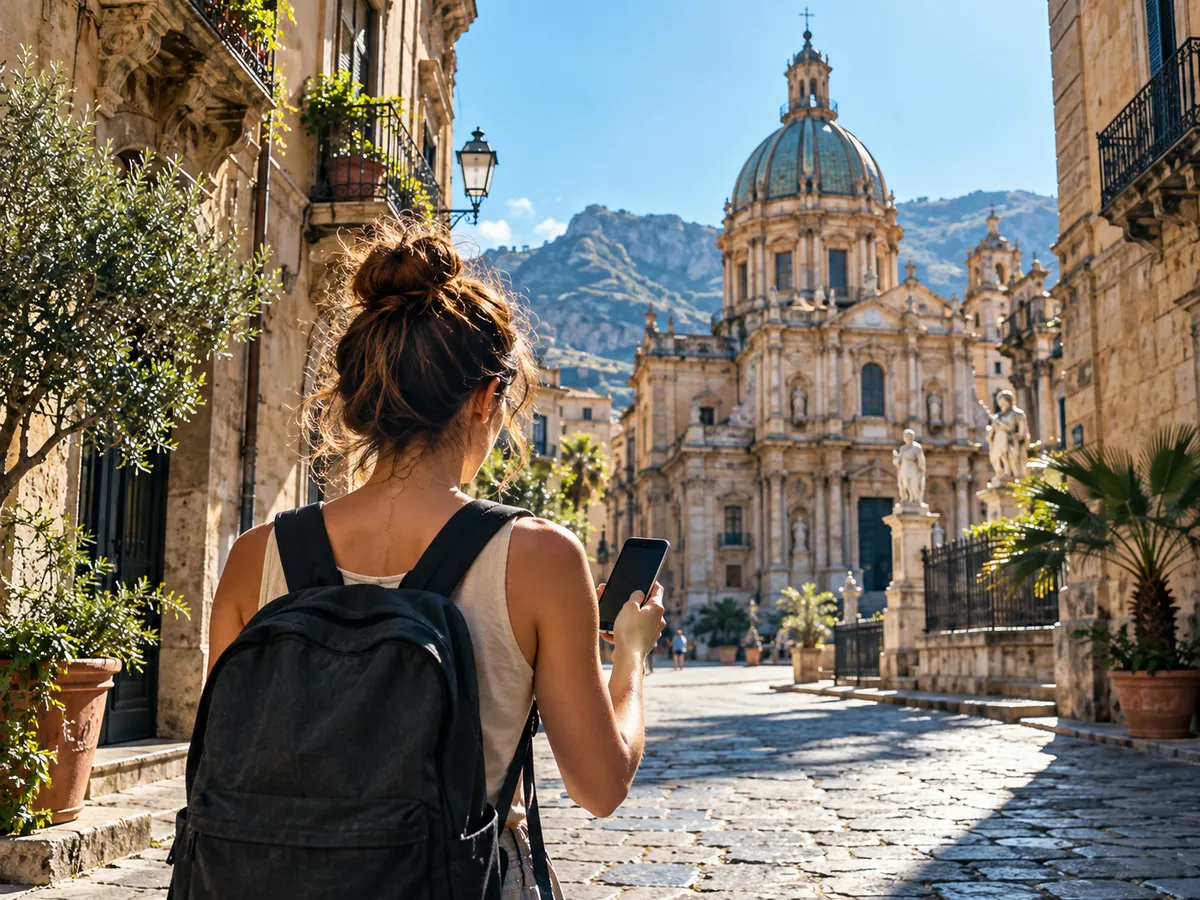 A traveller with a backpack and a phone stepping into a sunlit stone street in Palermo, a domed baroque church ahead