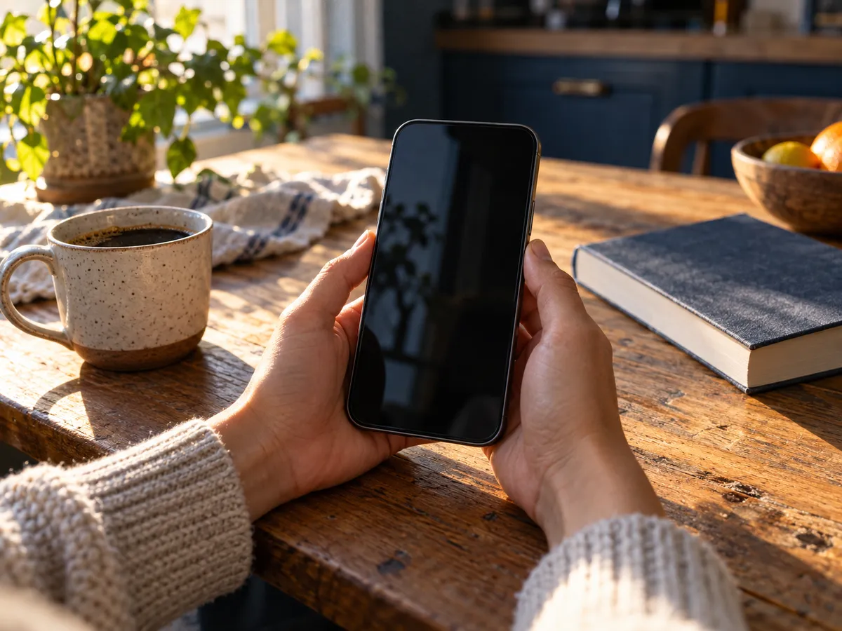 Two hands holding a phone over a wooden kitchen table with a cup of coffee and a book, morning light
