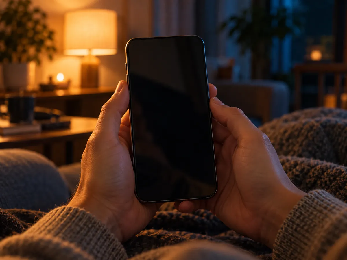 Two hands holding a phone in a dim room, a warm lamp glowing behind
