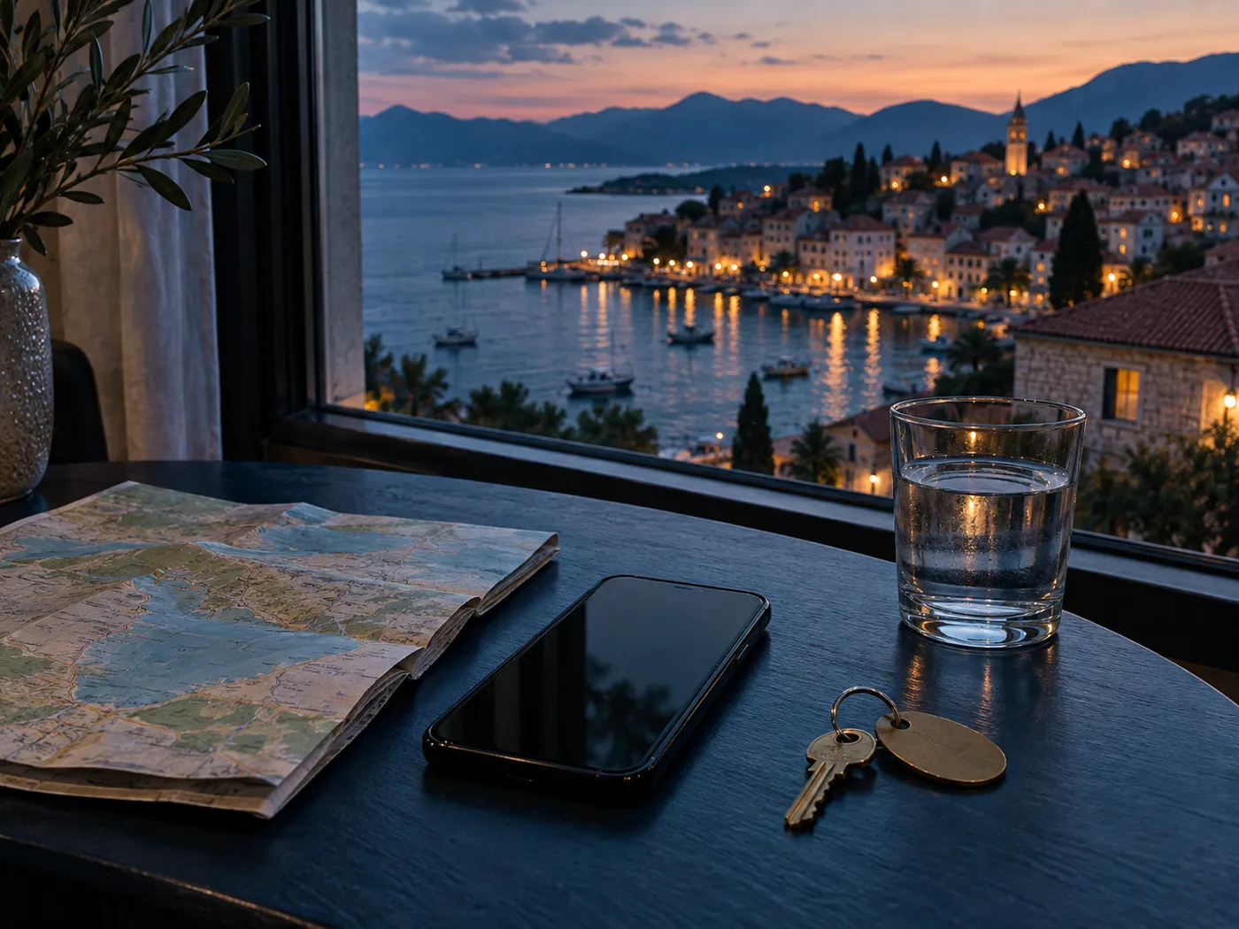 A dark phone, a folded paper map, a brass key and a glass of water on a navy hotel table, a coastal town at dusk outside