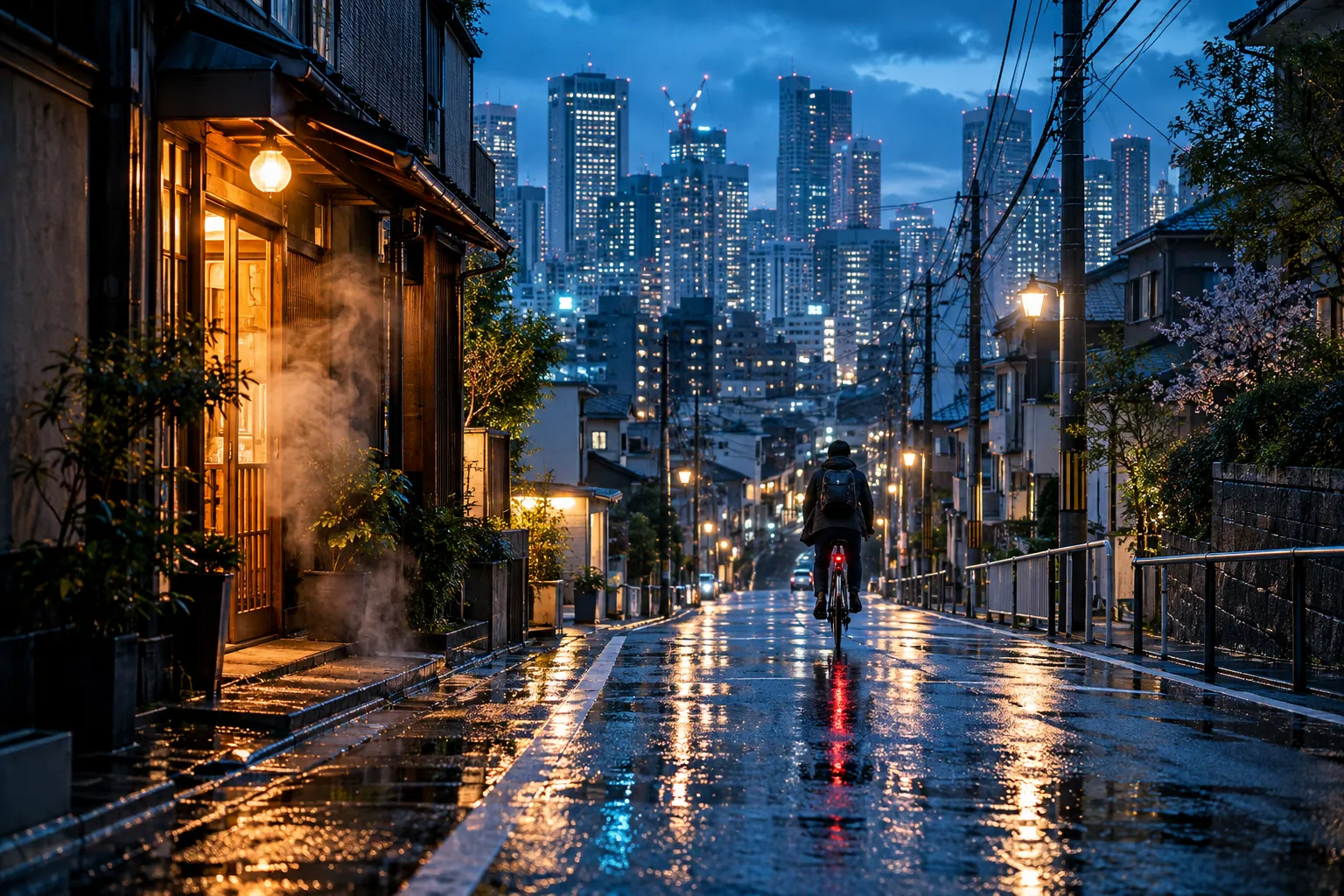 A Tokyo street just after rain at blue hour, a cyclist riding away on the wet road, steam from a lit doorway