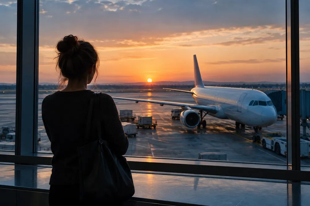 A traveller with her hair in a bun watching parked aircraft through an airport window at sunset