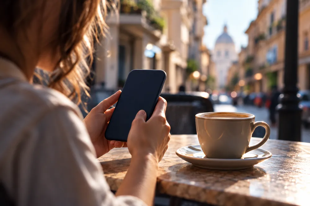 Hands holding a phone at a sunny street café beside a cup of coffee, a domed building down the street