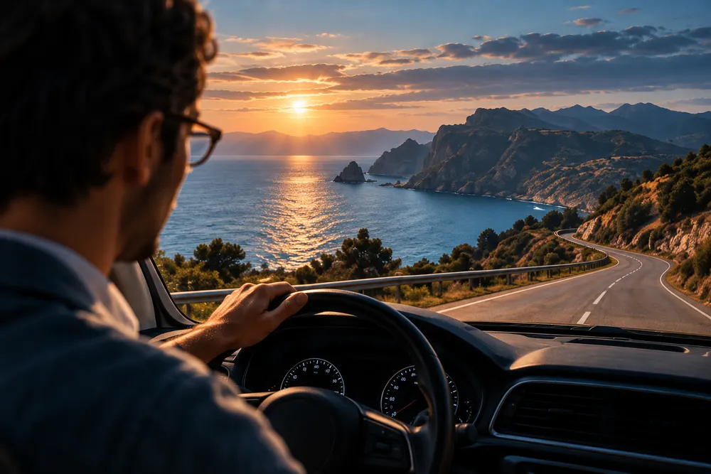 A man with glasses driving along a coastal road towards sea cliffs at sunset