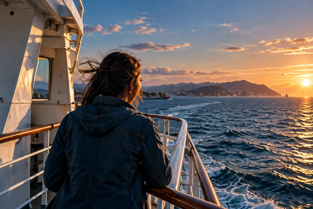 A traveller in a hooded jacket on a ferry's deck at golden hour, the sea and an island ahead