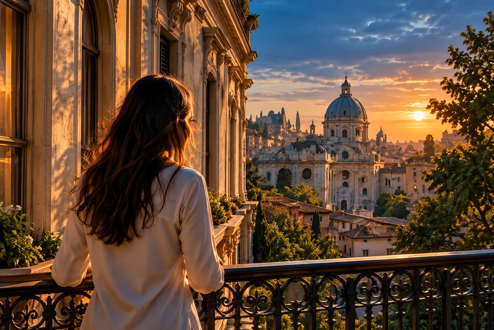 A woman with long dark hair on a hotel balcony looking over a domed old town in warm light