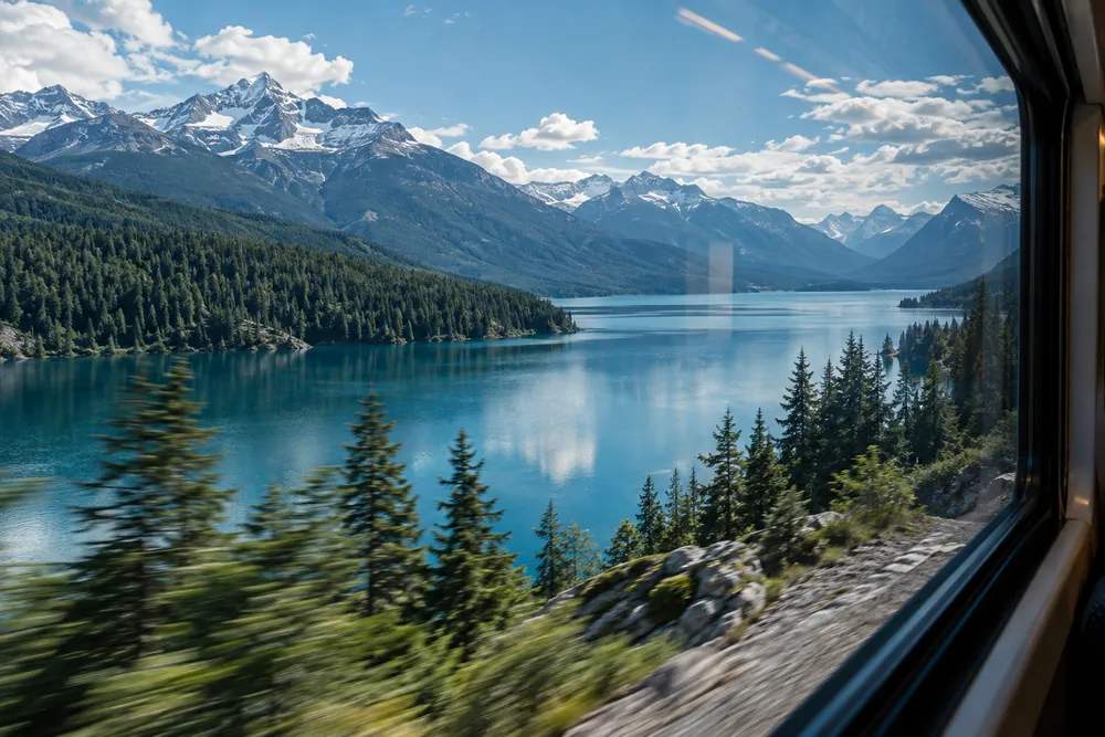 A lake, pine forest and snowy mountains passing a train window on a bright day