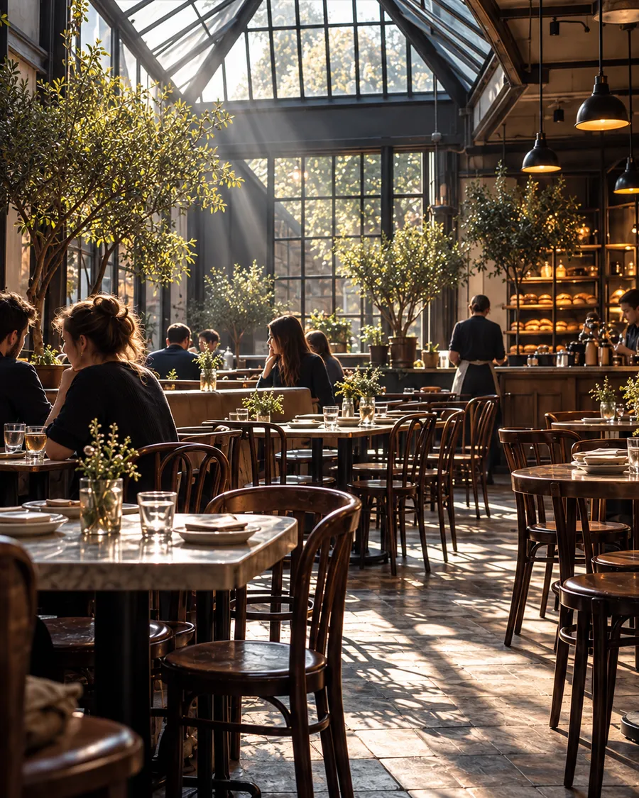 The café room under a tall glass skylight in the morning, sunlight across bentwood chairs and marble tables