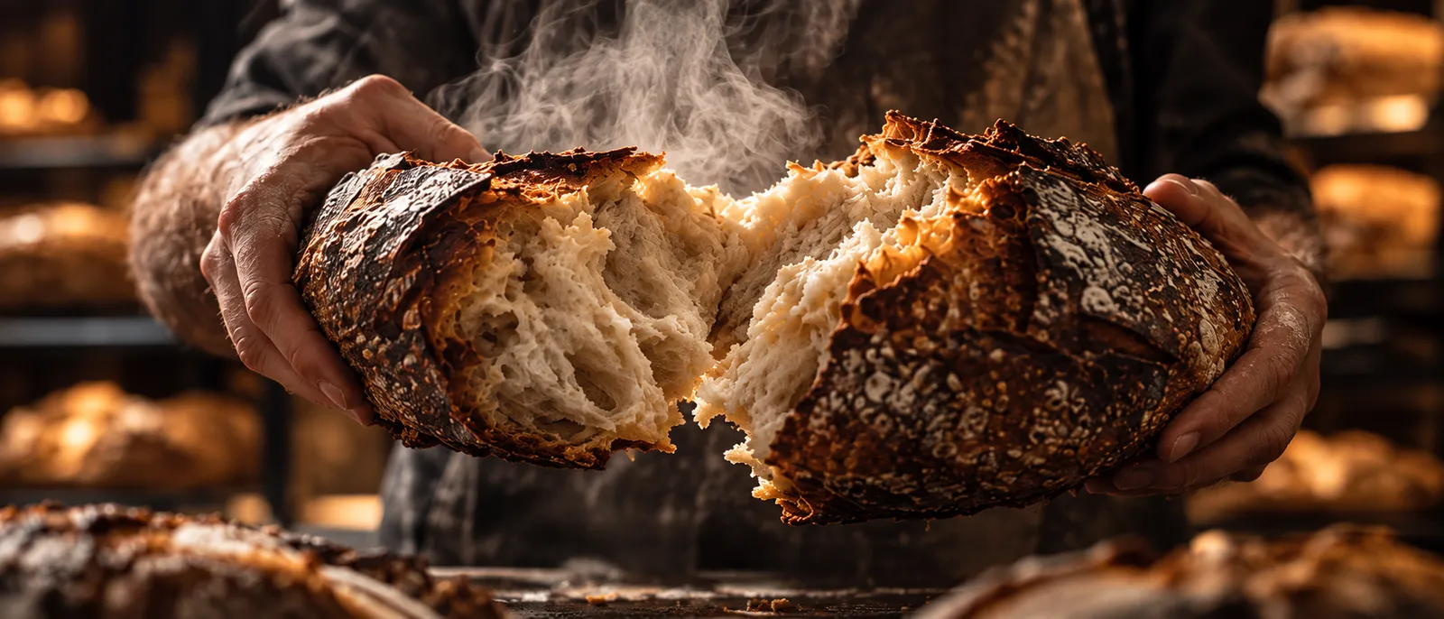 Two floured hands tearing a sourdough loaf open, steam rising from the crumb