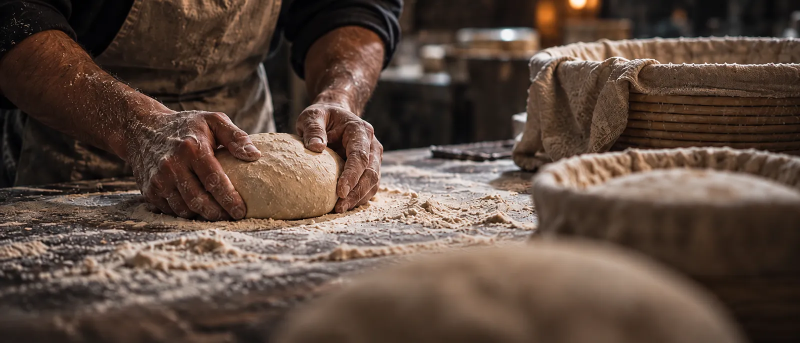 Two floured hands shaping a round of dough on a wooden bench beside linen-lined proving baskets